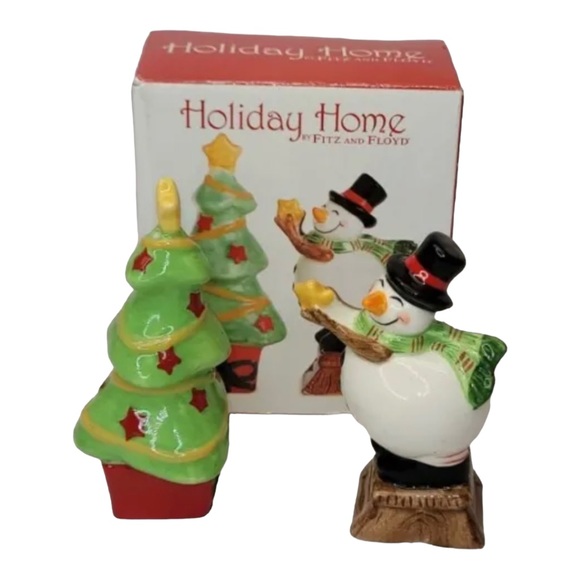 “HOLIDAY HOME” Snowman decorating Xmas Tree Salt & Pepper Set by Fitz & Floyd - Picture 8 of 10